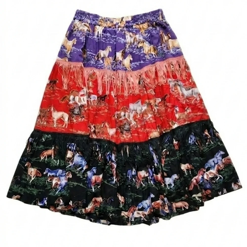 Vtg Why Not! Horse Print Tiered Maxi Skirt S Western Boho Rayon Fringe Red